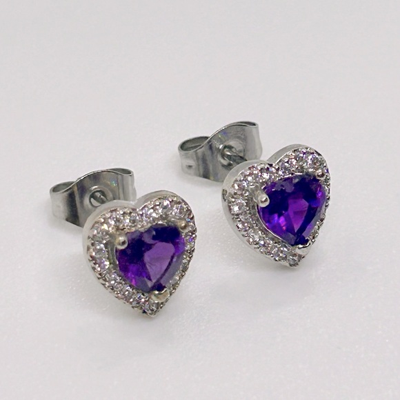 Genuine Amethyst 925 Sterling Silver Heart Earrings - Picture 3 of 9